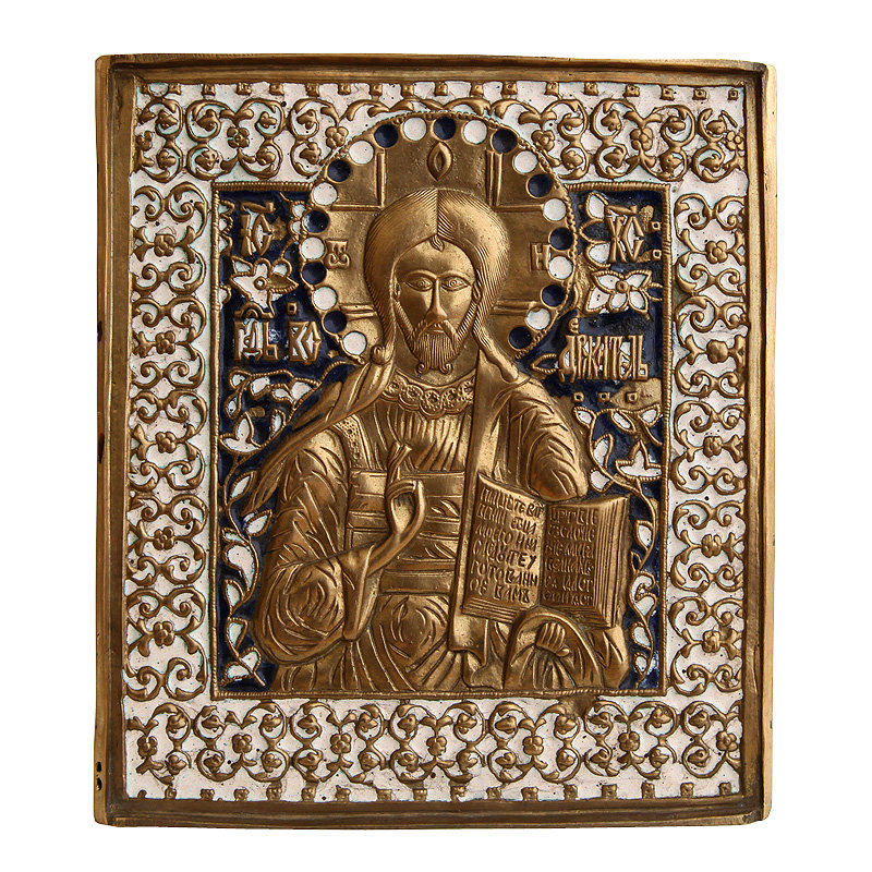 Большая старинная литая икона Господь Вседержитель из деисусного чина, Русское медное литье 19 век.