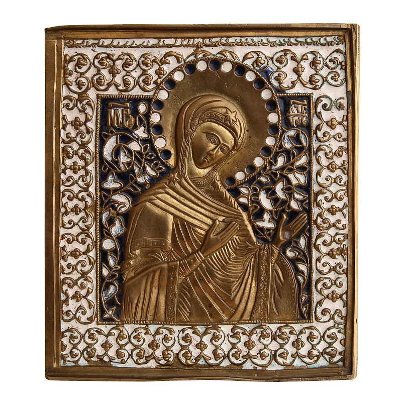 Большая старинная литая икона Богородица из деисусного чина, Русское медное литье 19 век.