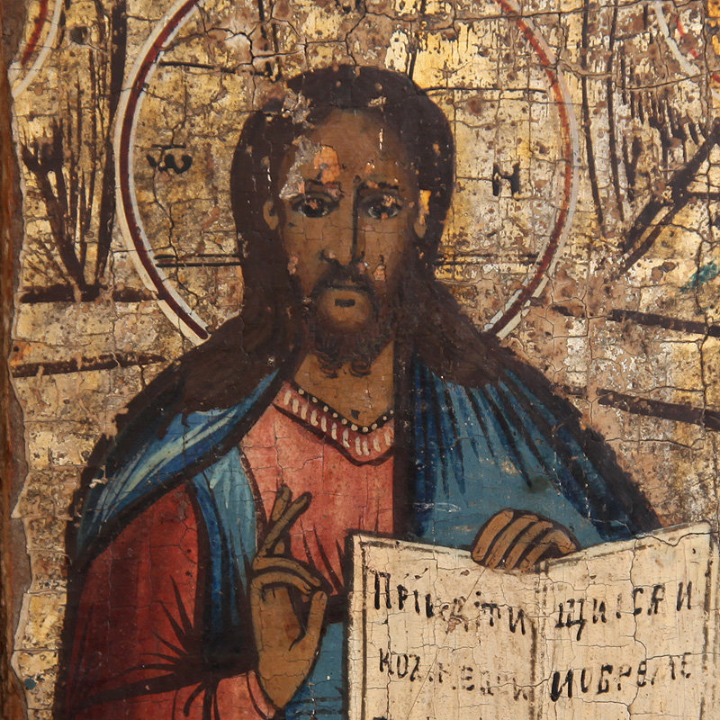Старинная икона Деисус с избранными святыми или Спас на Престоле. Россия 19 век.