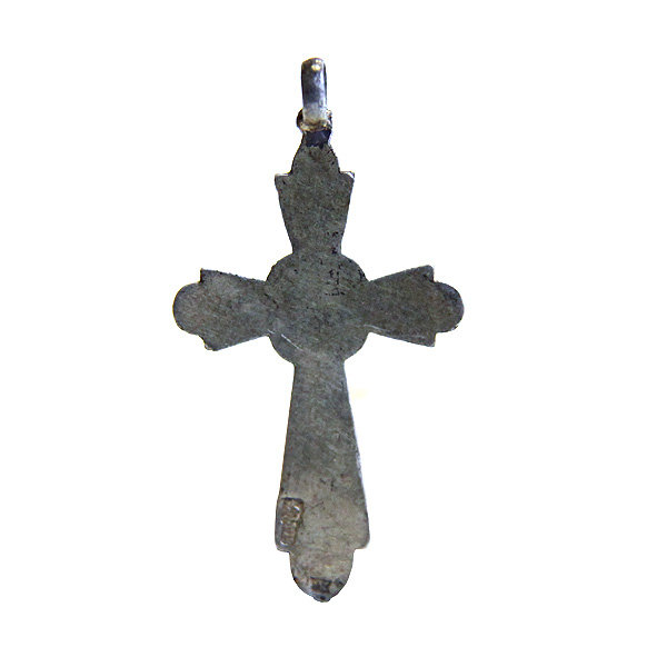 Старинный нательный серебряный крестик 800 пробы времен Царской России, синяя эмаль.