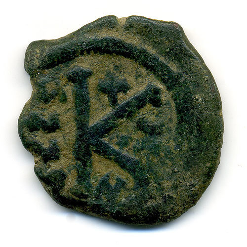 Древняя бронзовая монета Византийская Империя VI век. Юстин II. Полуфоллис.