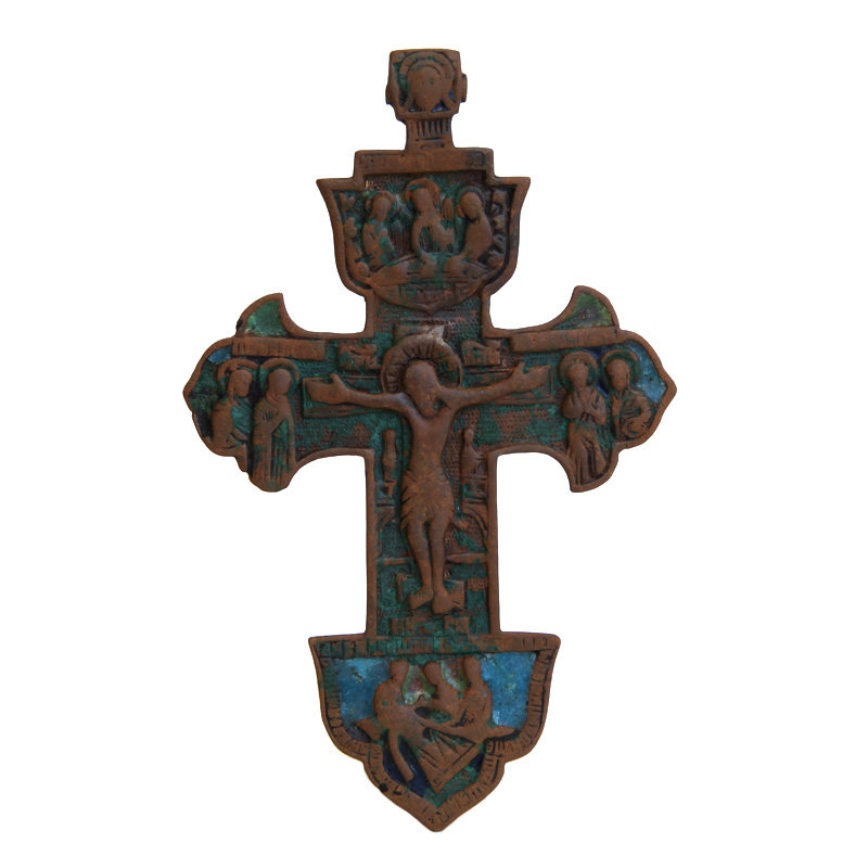 Редкий старинный старообрядческий наперсный крест 17 века c Троицей Нечестивых воинов, высота 12,8 см.