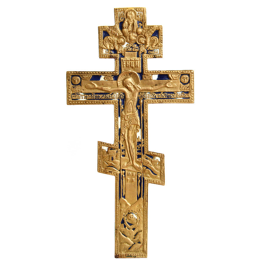 Старинный бронзовый крест Распятие Христово для домашнего моления 27 см с белой и синей эмалью. Россия XIX век.