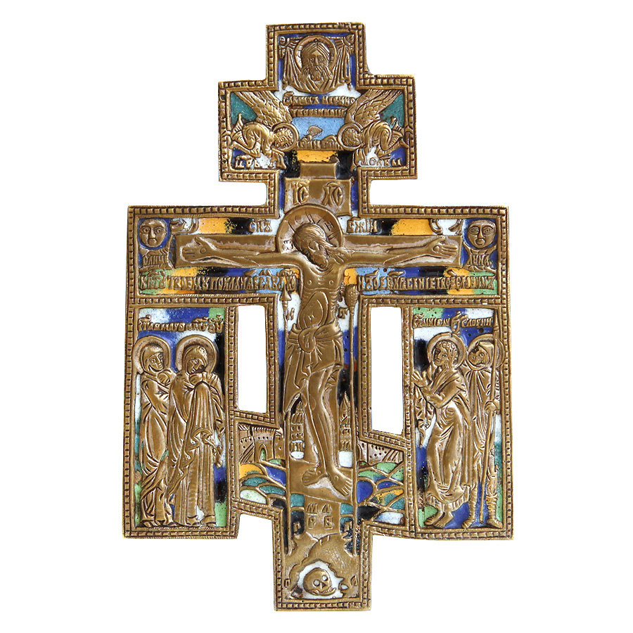 Старинный посеребренный бронзовый крест-икона Распятие Христово с предстоящими святыми, стекловидные эмали 6 цветов. Россия XIX век.