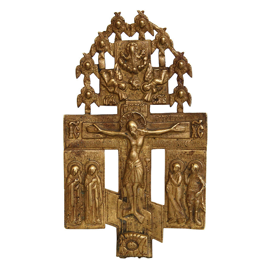 Старинный бронзовый крест Распятие Христово с предстоящими святыми и херувимами. Русское медное литье XVIII век.