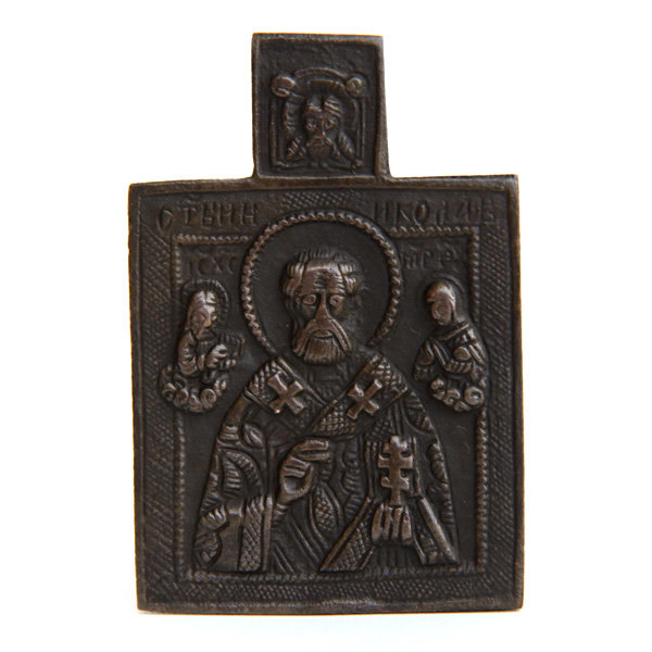 Старинная бронзовая иконка святой Николай Угодник с орнаментом на обороте. Россия XVIII век.