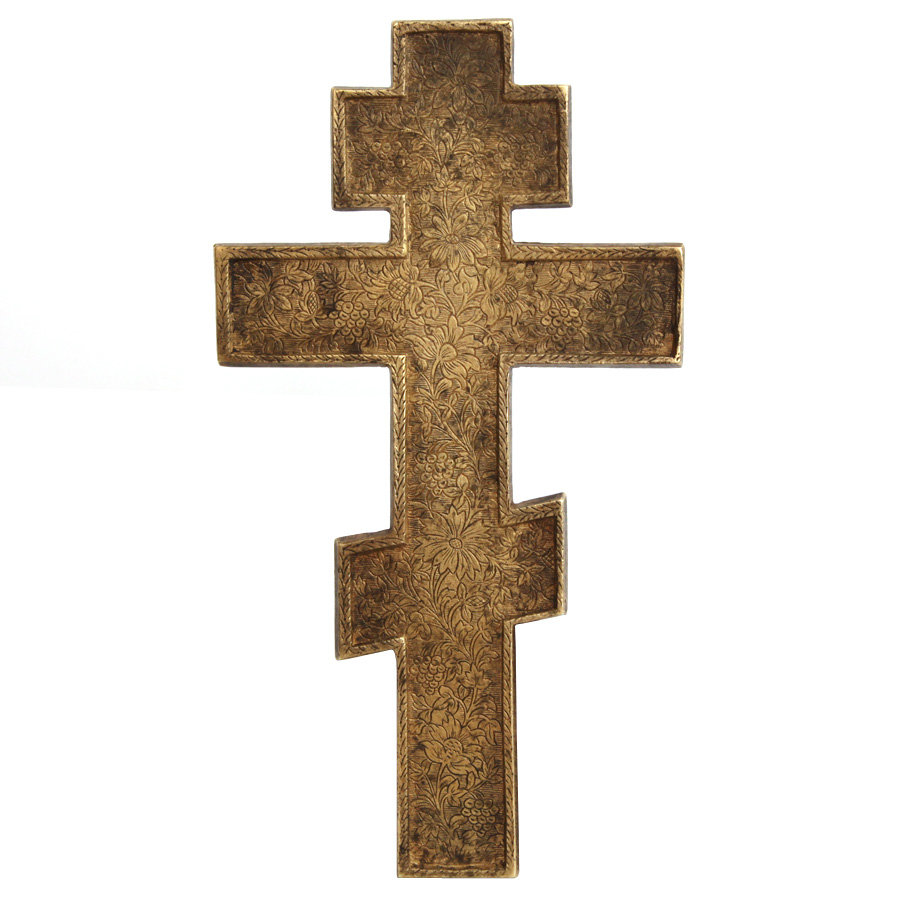 Старинный крест из бронзы, Распятие Христово для домашнего моления 20 см, 6 цветов эмали. Россия XIX век.