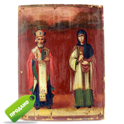 Старинная деревянная икона святой Николай Чудотворец и святая Мария. Россия, XIX век.
