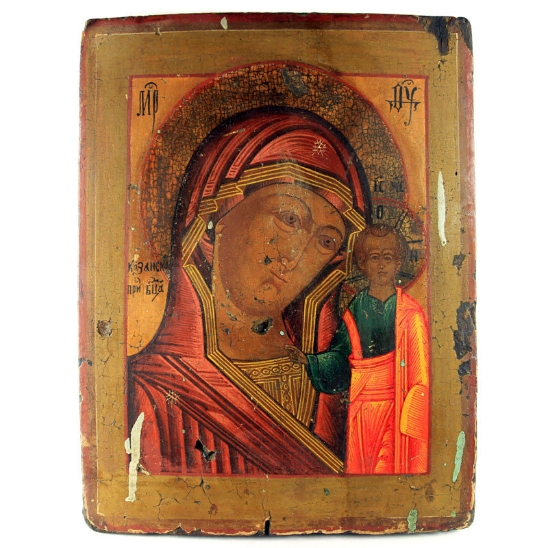 Старинная икона Богородица Казанская, защитница всего рода человеческого. Россия, XIX век.