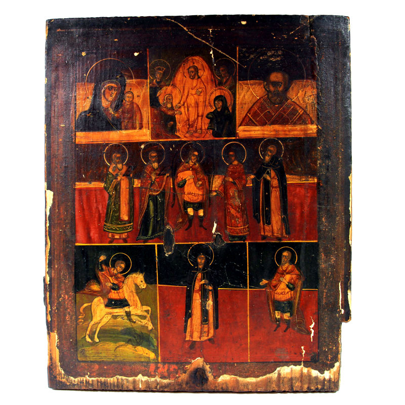 Старинная деревянная многочастная икона Избранные святые покровители. Россия, XVIII-XIX век
