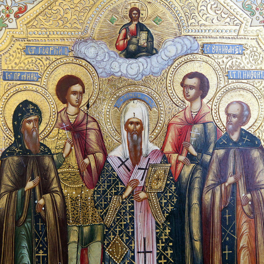 Старинная икона на золоте Избранные святые: Георгий, Мина, Алексий, Вонифатий и Мина. Россия, Мстера XIX век.