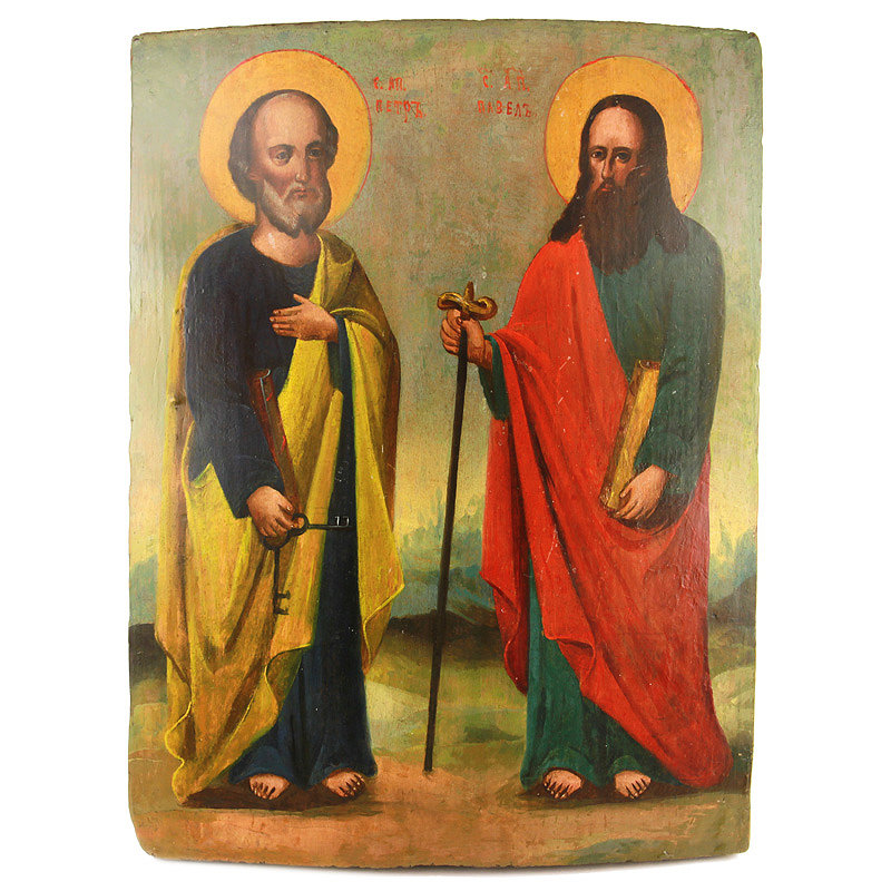 Старинная деревянная икона Апостолы Петр и Павел. Россия, XIX век.