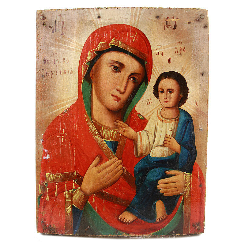 Старинная деревянная икона Богородица Тихвинская. Россия, XIX век.