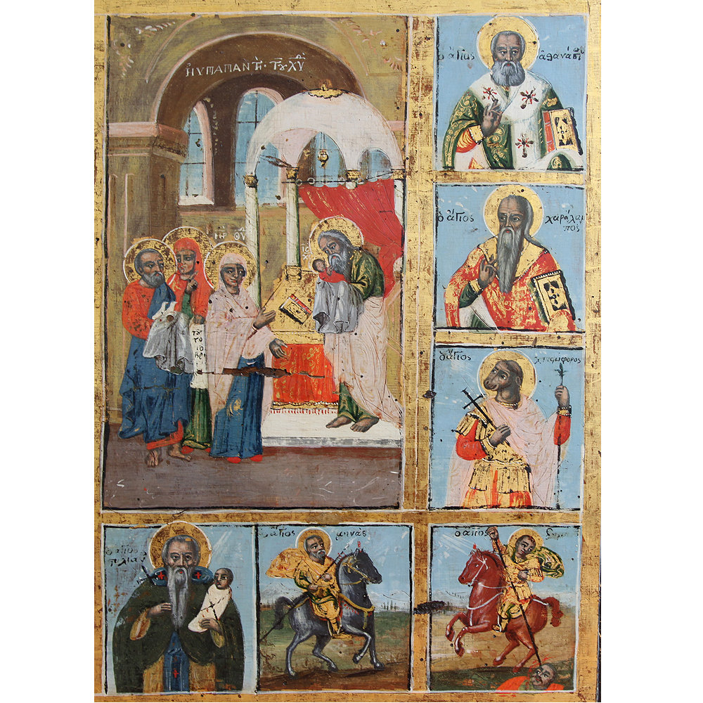 Уникальная старинная греческая икона Рождество и Сретение с избранными святыми. Греция XVIII век