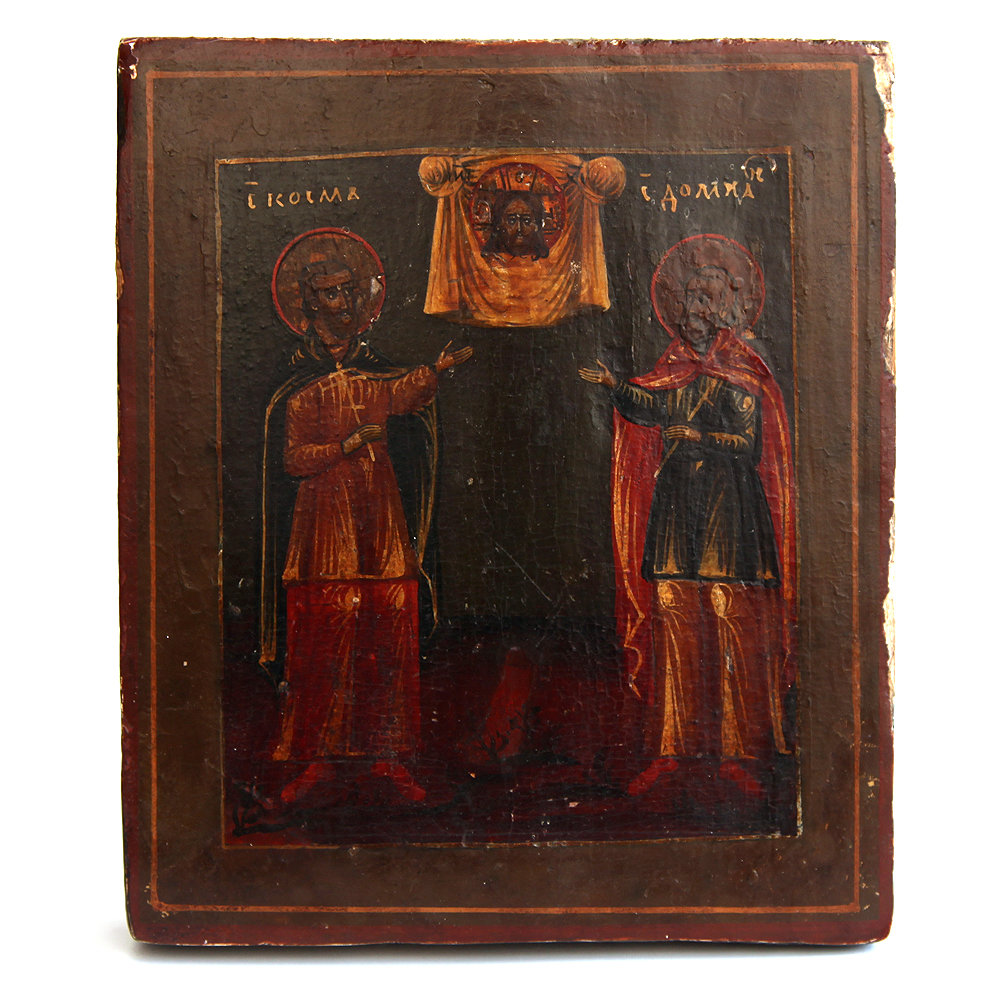 Старинная икона святые Косма и Дамиан целители и чудотворцы. Россия XIX век