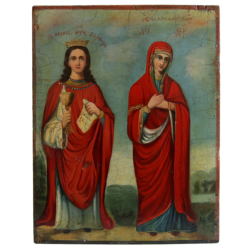 Старинная икона именная Святая Варвара и Пресвятая Богородица 
