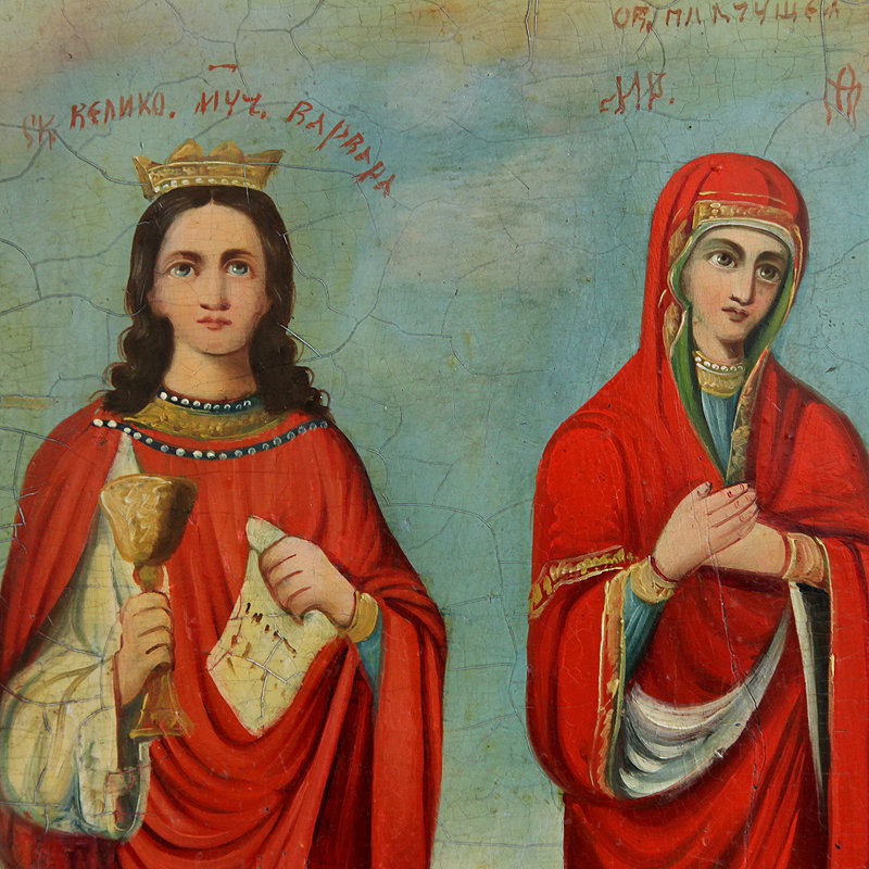 Старинная икона именная Святая Варвара и Пресвятая Богородица 
