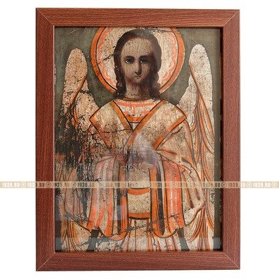 Старинная икона Ангела-Хранителя, хоругвь в темном багете. Россия XIX Век.