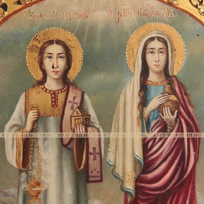 Старинная икона, защищающая от колдовства «Святая Мария Магдалина и Святой Стефан». Россия, конец XIX века.