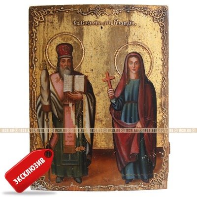Старинная датированная икона «Святая Клавдия и Святой Василий Великий» небесные покровители. Россия 1878 год.