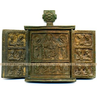 Старинный бронзовый складень 17-18 века Деисус с сюжетом Избранные святые. Ковчег.