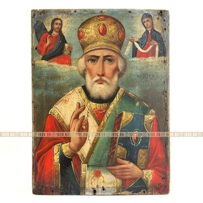 Cтаринная икона святой Николай Чудотворец в епископской митре. Россия 19 век.