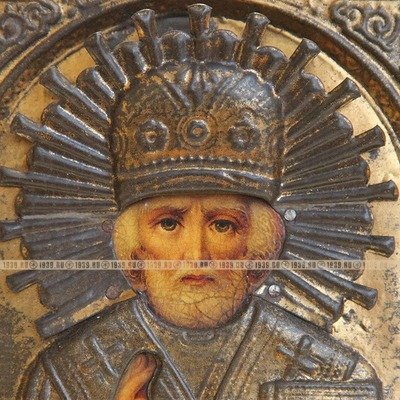 Cтаринная печатная икона святой Николай Чудотворец в латунном окладе. Россия, Москва-Мстера 19 век.
