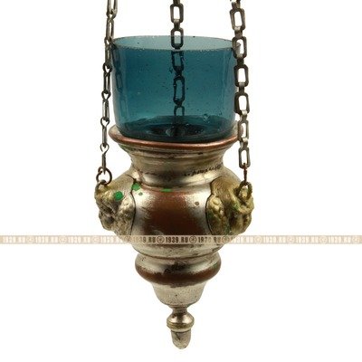 Старинная медная лампада со стеклянным стаканом на цепочном подвесе. Польша в составе Российской империи, 1870-1900 год