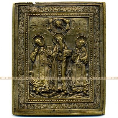Старинная Икона 19 века Три Святителя: Григорий Богослов, Василий Великий И Иоанн Златоуст.