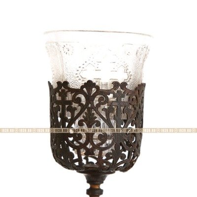 Латунная настольная старинная лампада со стаканчиком из прозрачного стекла. Высота 16,5 см. Царская Россия