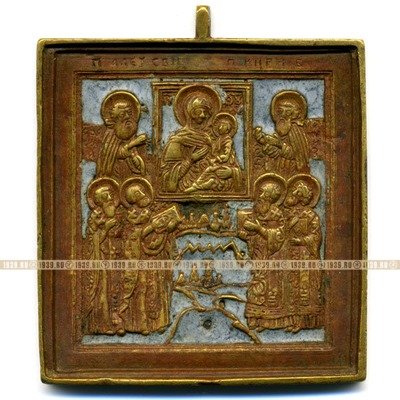 Старинная литая бронзовая икона 19 века Поклонение Тихвинской иконе Божьей Матери