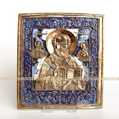 Большая литая православная икона Икона Святитель Николай Чудотворец. Эмаль.