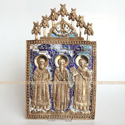 Очень большая литая православная икона Три Святителя: Григорий Богослов, Василий Великий И Иоанн Златоуст.