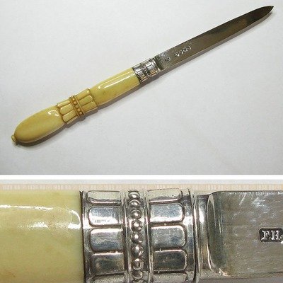Антикварный серебряный кабинетный нож для писем с ручкой из слоновой кости. Англия 1861 год.