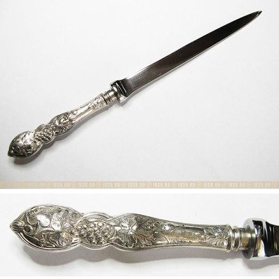 Антикварный кабинетный нож для писем с ручкой из серебра. Англия 1901 год.