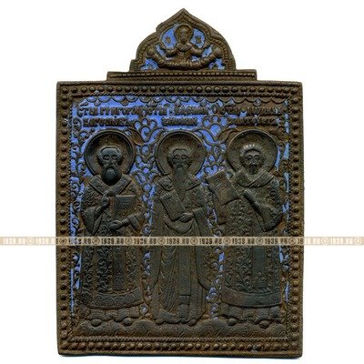 Старинная литая бронзовая икона Три Святителя или Отцы церкви: Василий, Григорий Иоанн. 19 век, синяя эмаль.