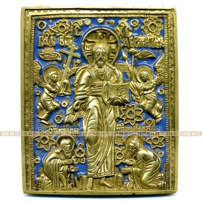 Большая литая бронзовая икона Спас Смоленский с припадающими святыми.