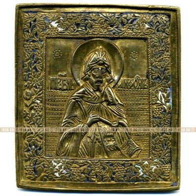 Редкая старинная литая икона Преподобный Нифонт прогонитель бесов. Россия 19 век, 2 цвета эмали.