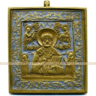 Старинная литая бронзовая Икона Святой Накола Чудотворец с широкой рамкой и голубой эмалью
