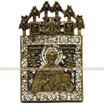 Крупная 15 см старинная литая икона Николай Чудотворец с херувимами и архангелами Гуслицы.