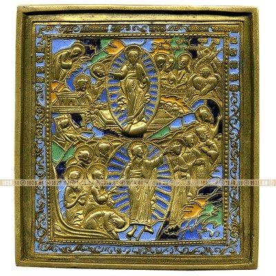 Старинная литая икона 19 века Воскресение Христово и Сошествие во Ад, украшенная эмалью пяти цветов.