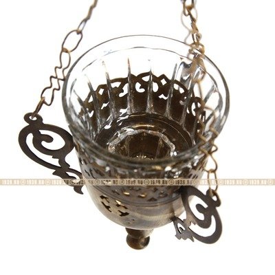 Латунная подвесная старинная лампада со стаканчиком из прозрачного стекла. Высота 13,5 см. Царская Россия