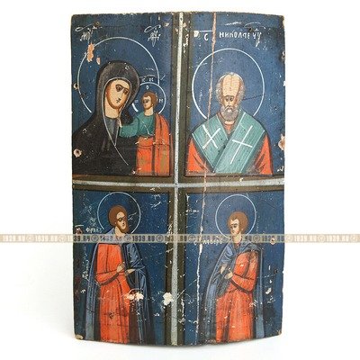Старинная четырехчастная икона на щепе Богородица Казанская, Святой Николай Чудотворец и святые покровители Фрол и Лавр.