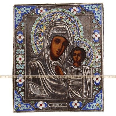 Старинная икона в серебряном окладе Казанская Богородица, Россия 19 век.
