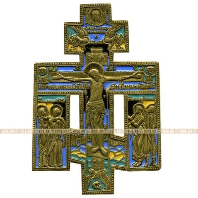 Старинное бронзовое распятие с предстоящими святыми 19 века, покрытое эмалью 4 цветов.  Русское медное литье.