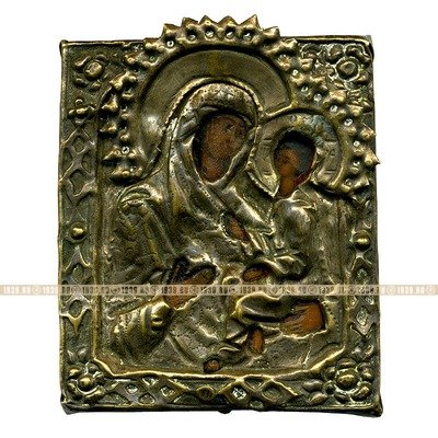 Старинная 19 века икона-малышка Богородица Тихвинская в окладе ручной ковки.