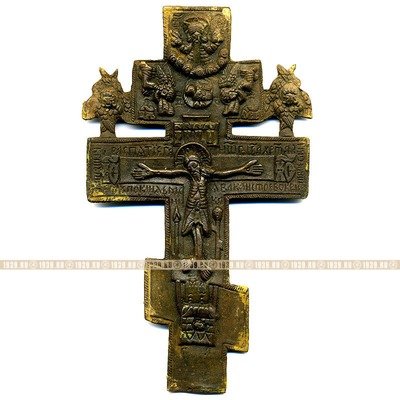 Бронзовый крест 18 века. Старинное православное Распятие Христово с молитвой на обороте.