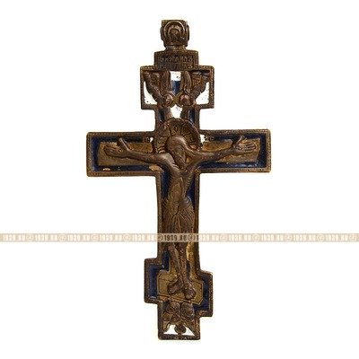 Старинное бронзовое распятие 18 века или старинный наперсный крест с синей и белой эмалью.