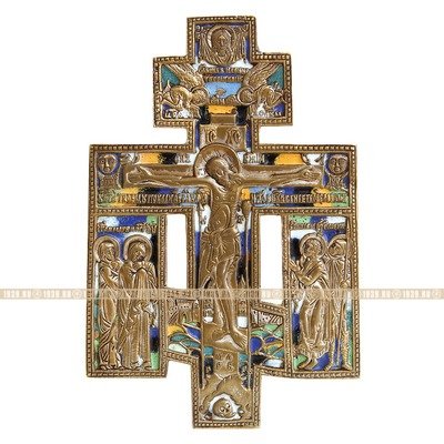 Старинный посеребренный бронзовый крест-икона Распятие Христово с предстоящими святыми, стекловидные эмали 6 цветов. Россия XIX век.