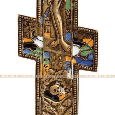 Старинный крест из бронзы, Распятие Христово для домашнего моления 20 см, клеймо РС Хрусталев. Россия XIX век.